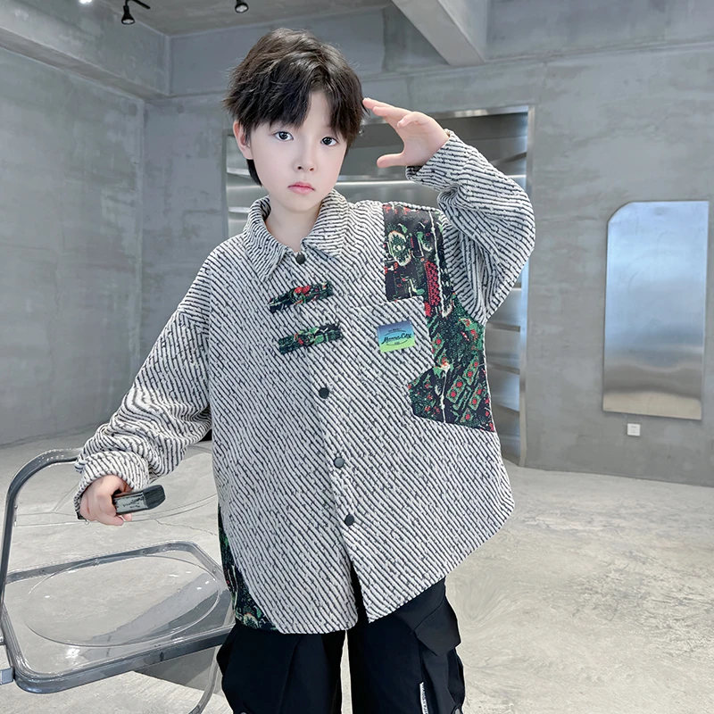 儿童男童秋装外套2025新款中大童男孩春秋国风拼色衬秋季衫洋气潮