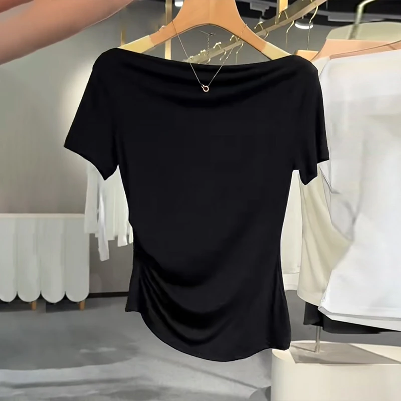 高级感爆款黑色修身短袖t恤女士夏季2025新款一字肩上衣冰丝薄款