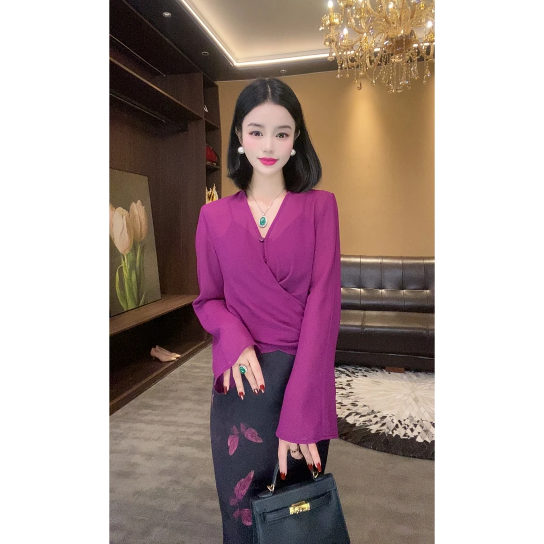 【夏未央】欧若风交叉系带水袖上衣优雅气质女人味设计感上衣