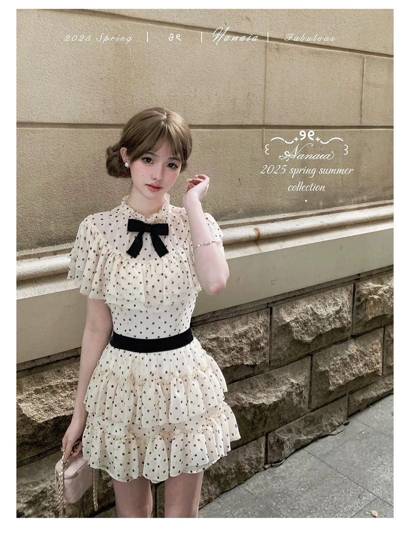 甜水仙 日系圆舞曲 波点连衣裙精美蝴蝶结收腰显瘦定制雪纺蛋糕裙