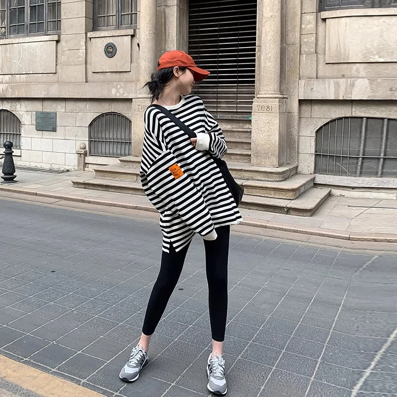 宽松条纹韩版ins宽松中长款春秋卫衣打底外穿显瘦百搭大码上衣女