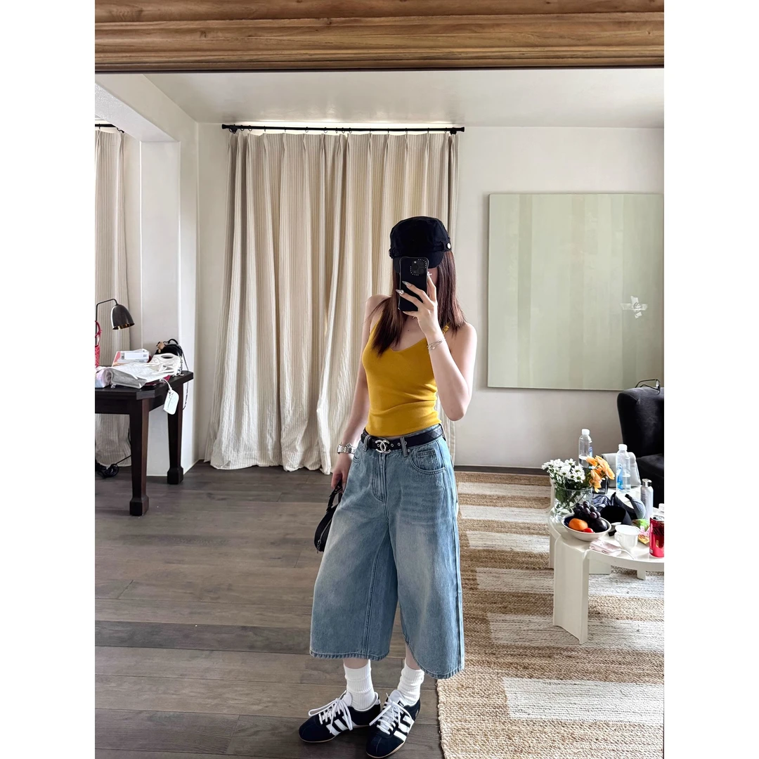 番茄妹妹Tomatosister 牛仔阔腿7分裤显瘦百搭浅蓝色裤子夏季新款