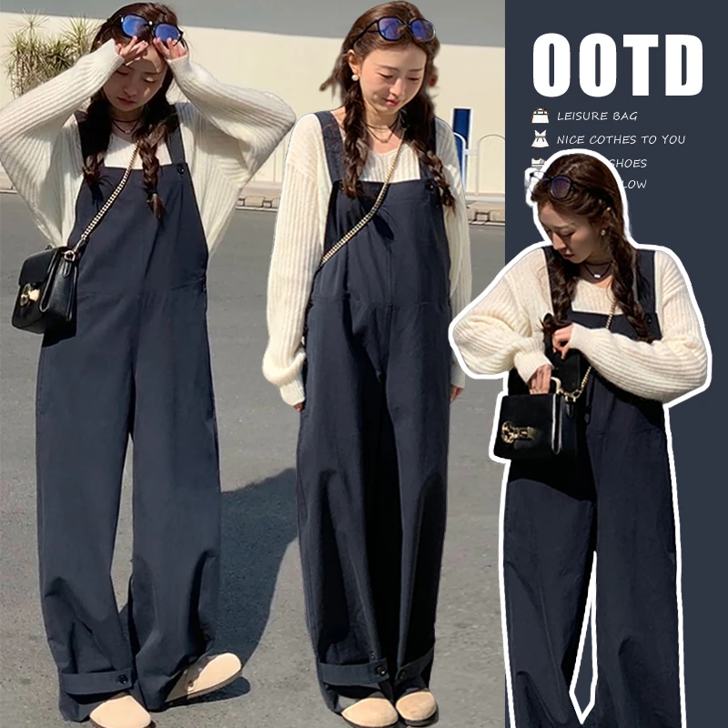孕妇装2025时尚春秋新款韩版宽松孕妇牛仔背带裤毛衣上衣百搭套装