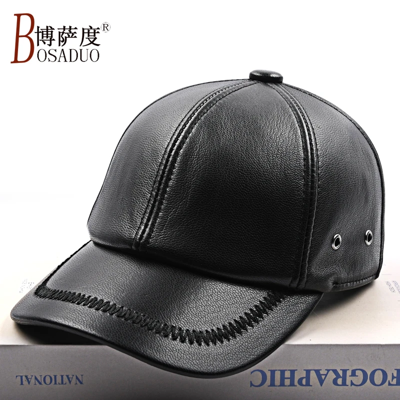 博萨度真皮棒球帽秋冬季羊皮帽子男款爸爸薄款中老年人鸭舌帽老头