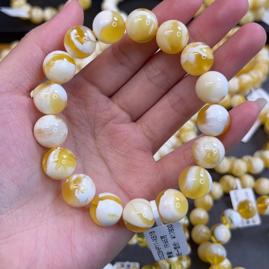 兰***姬蜜蜡未镶嵌手链12.5mm金漆白溶洞