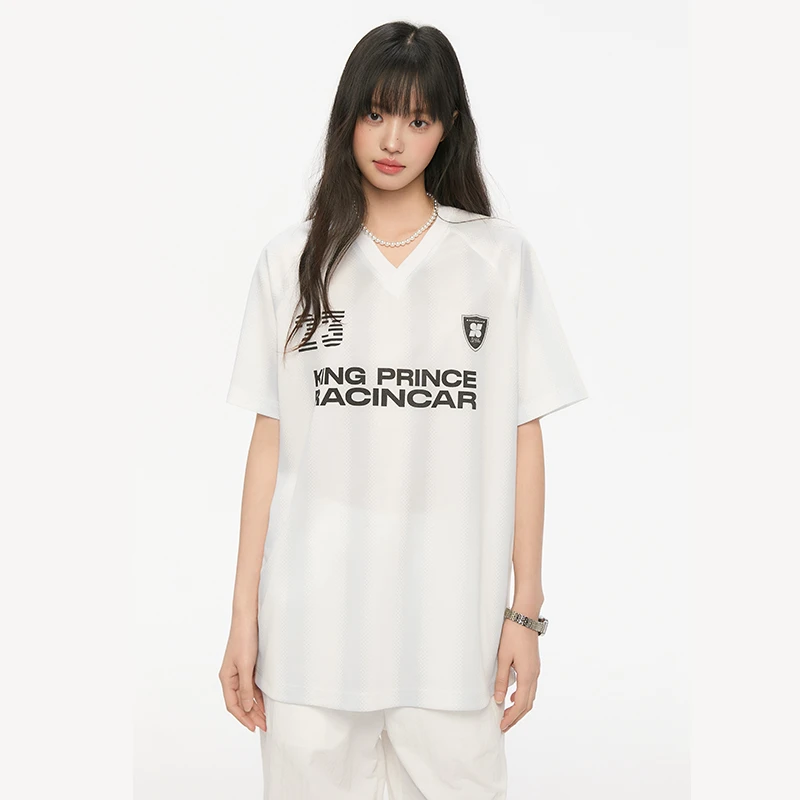 King Prince美式潮牌V领T恤休闲运动短袖夏季情侣宽松半袖上衣女
