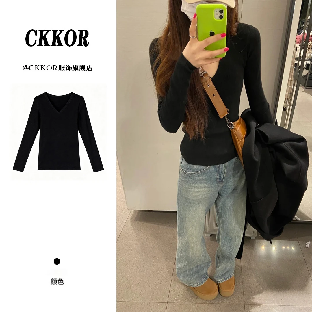 CKKOR秋冬女内搭打底衫韩版纯色简约长袖t恤德绒修身V领保暖好物