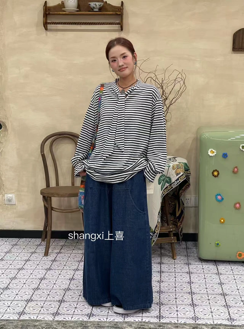叨叨推荐款 YQ#8650#日系绑带条纹长袖上衣  FL