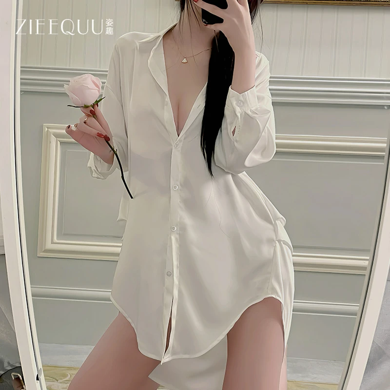 【男友风】性感白色衬衫睡衣纯欲风女薄款睡裙长款家居服套装姿6161
