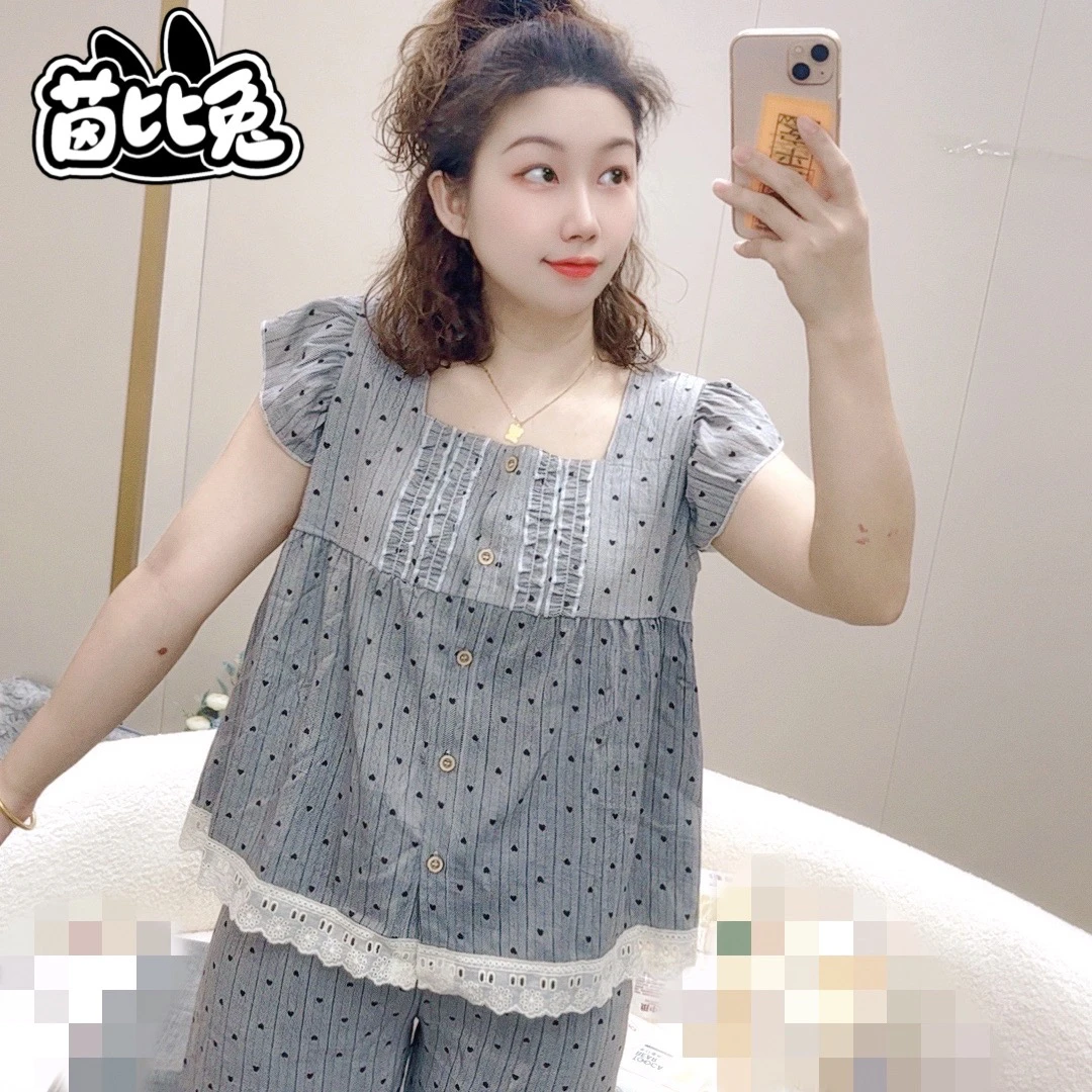 【R708】夏款黑桃心小飞袖短裤+长裤三件套+胸垫【开衫款】