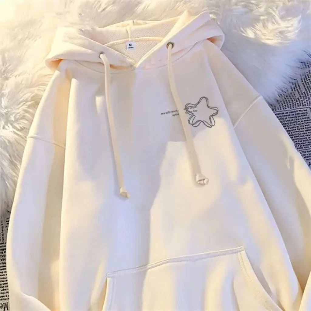 纯棉秋冬女童星星印花连帽卫衣中大童学院风简约百搭宽松加绒帽衫