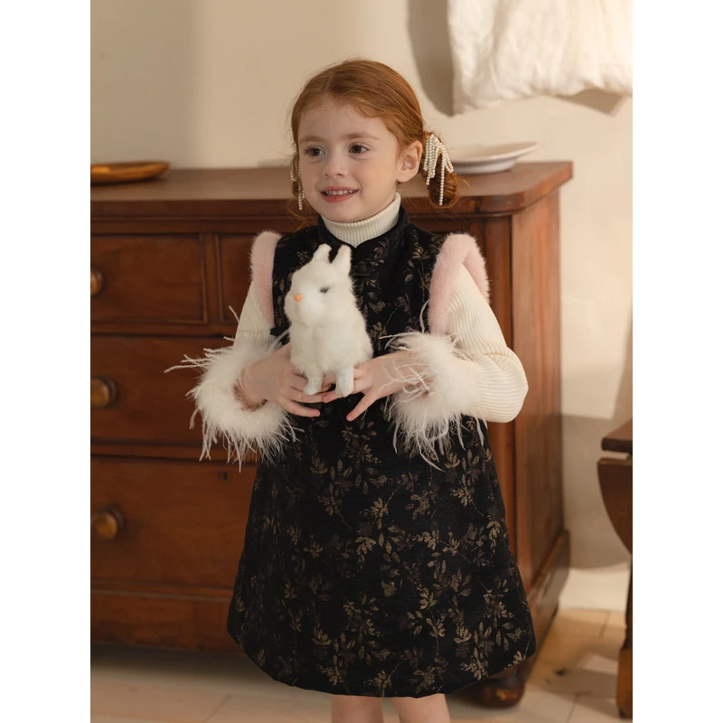 现货【BL-320】冬女童新中式复古碎花保暖加厚背心旗袍裙