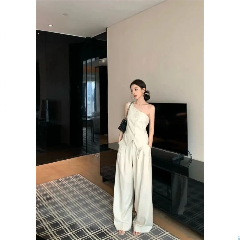 2025夏季新款时尚套装气质显瘦洋气休闲百搭斜肩无袖背心宽松长裤