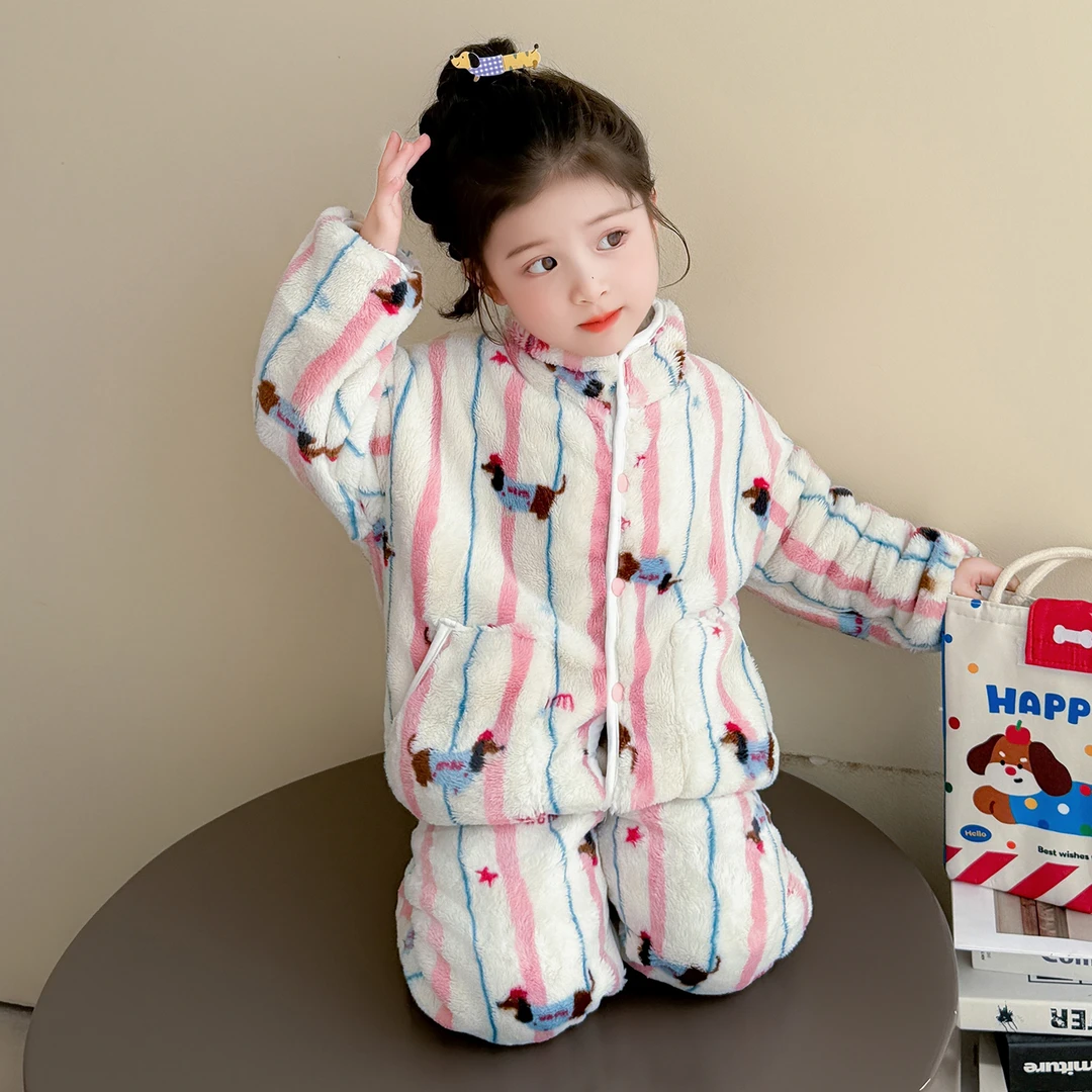 儿童秋冬珊瑚绒睡衣宝宝冬装保暖套装小女孩法兰绒女童家居服加厚