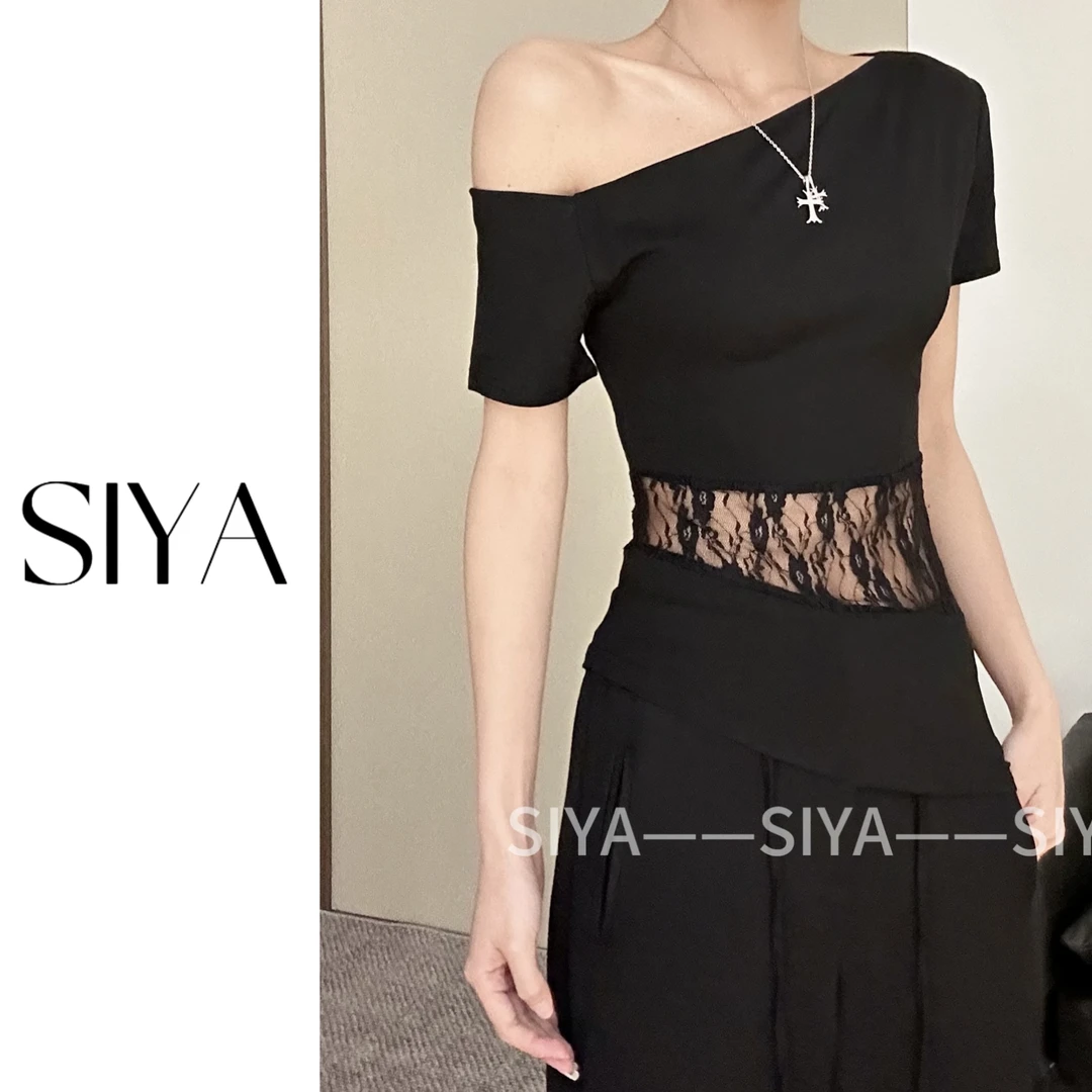 【SIYA】高级感斜肩蕾丝拼接紧身短袖T恤女显瘦辣妹纯欲性感上衣女
