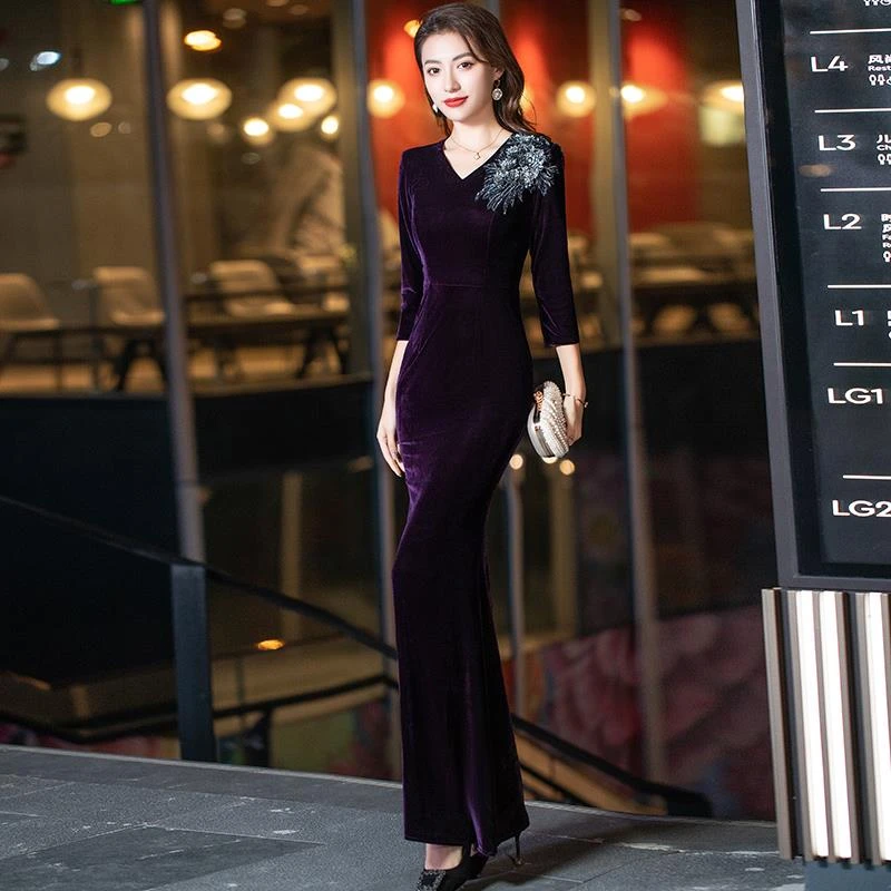 妈妈装晚礼服女2025夏季新款喜婆婆高端婚宴高级感鱼尾裙长袖连衣