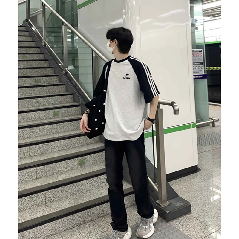 美式三条杠休闲百搭印花高街男重磅夏季25年拼色T恤ins纯棉痞帅