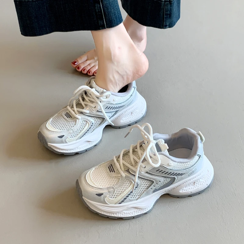 厚底老爹鞋女鞋子2025新款夏季薄款网面透气运动鞋百搭小白休闲鞋