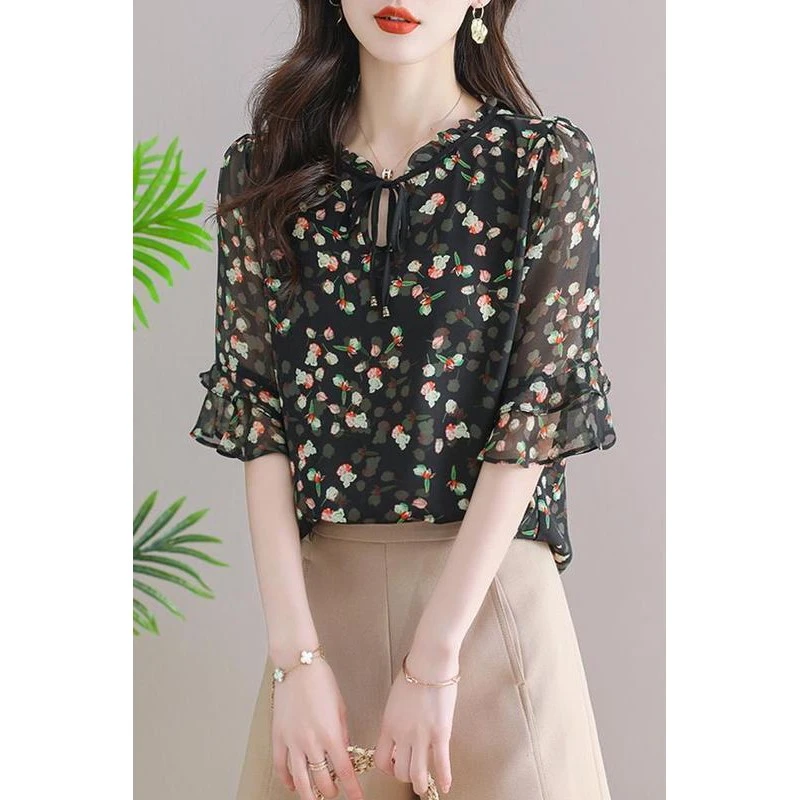 碎花雪纺衬衫女短袖夏季新款洋气时尚衬衣荷叶袖上衣气质小衫