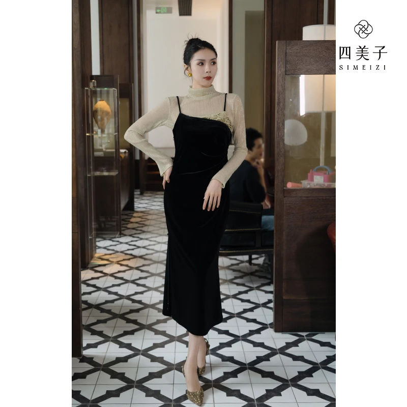 四美子【咏叹调】秋冬季黑色丝绒绣花吊带裙气质高级感原创新中式