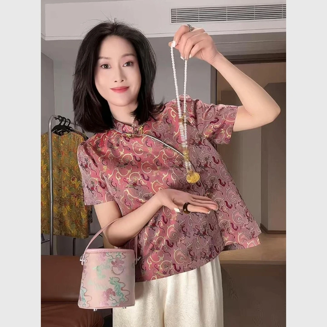 2025新款夏日漂亮巨好看的新中式国风盘扣绝美宽松印花T恤上衣女