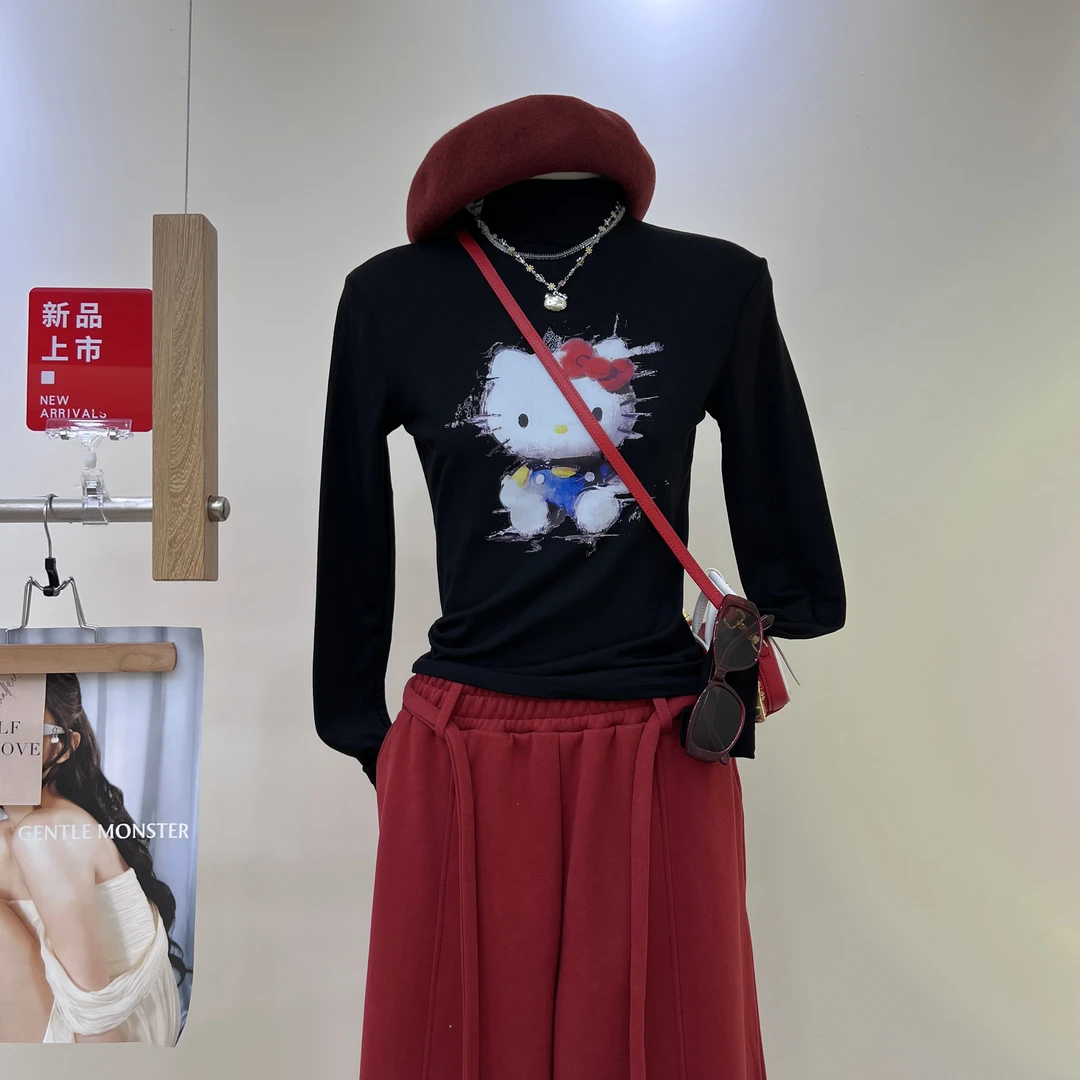 美式2025设计感半高领长袖打底衫kt喵印花冬季加绒加厚内搭上衣女