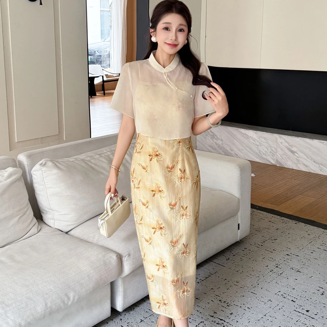 无印心匠D25103-1 国风气质女夏季显瘦罩衫吊带连衣裙套装K102