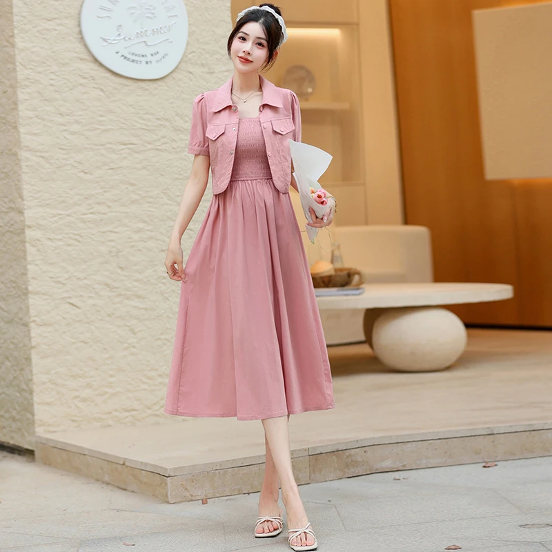 拉夏贝尔夏季薄款短袖休闲外套吊带裙套装女2025新款后妈裙两件套