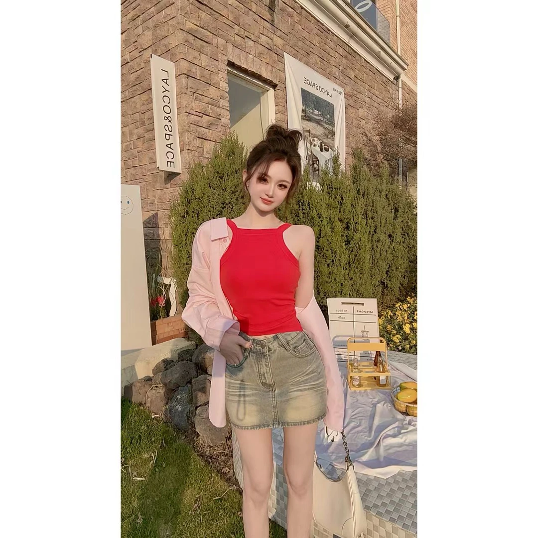 睿夕【蝶与夏梦】复古做旧水洗直筒包臀牛仔半身裙