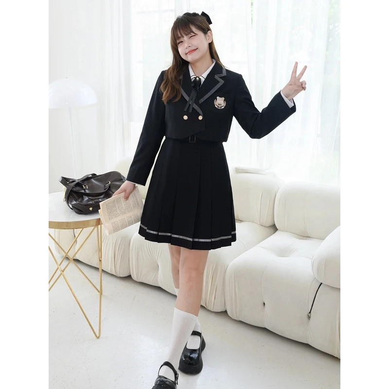 阿车家的大码jk原创韩式短款西装护奶裙长袖衬衫显瘦大全套春秋女