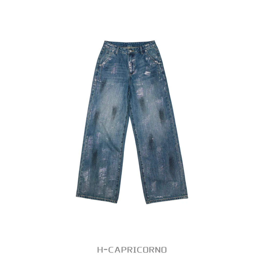 H-CAPRICORNO极简主义银色笔触轨迹直筒宽脚长牛仔裤