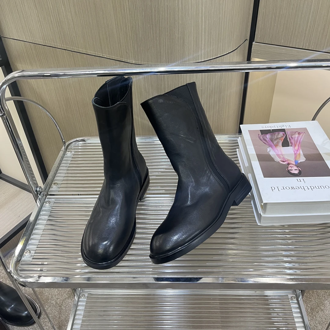 -2024秋冬新款低跟平底胎牛圆头百搭真皮女士中筒靴G528
