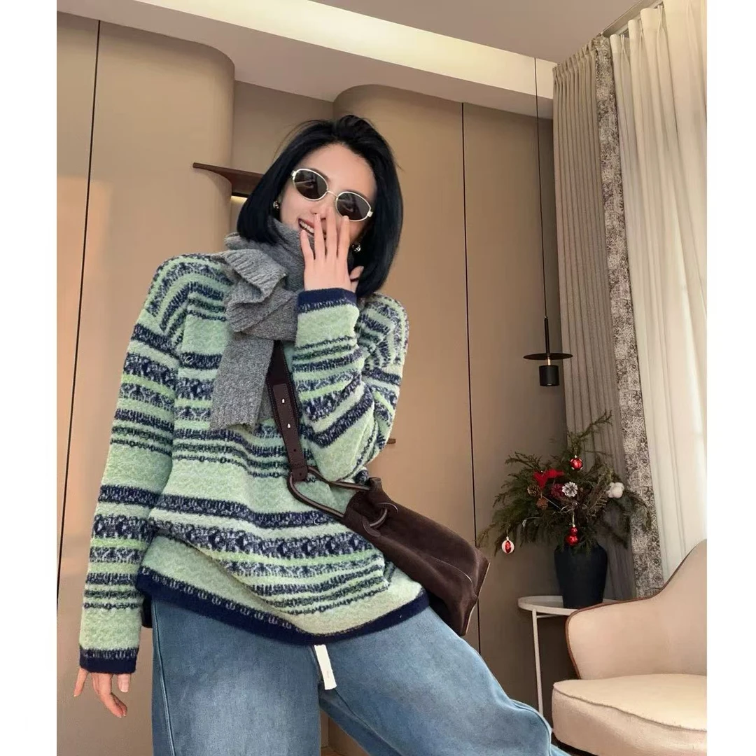 秋冬发财绿复古长毛樱花绒毛衣针织衫5-12-28