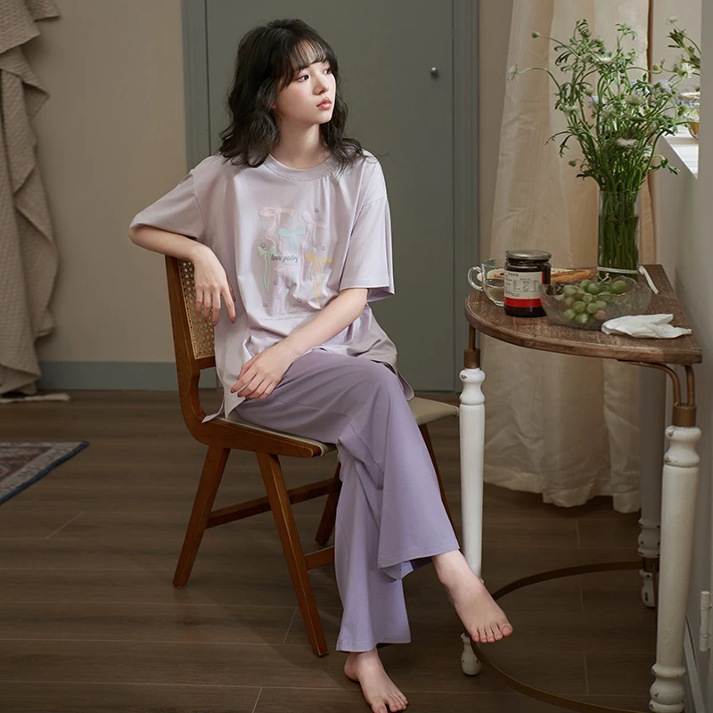 马克公主夏季睡衣薄款莫代尔棉套装甜美紫色短袖长裤宽松家居服女