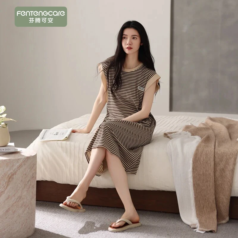 芬腾可安睡衣无袖条纹带胸垫新款睡裙可外穿女简约夏季背心家居服