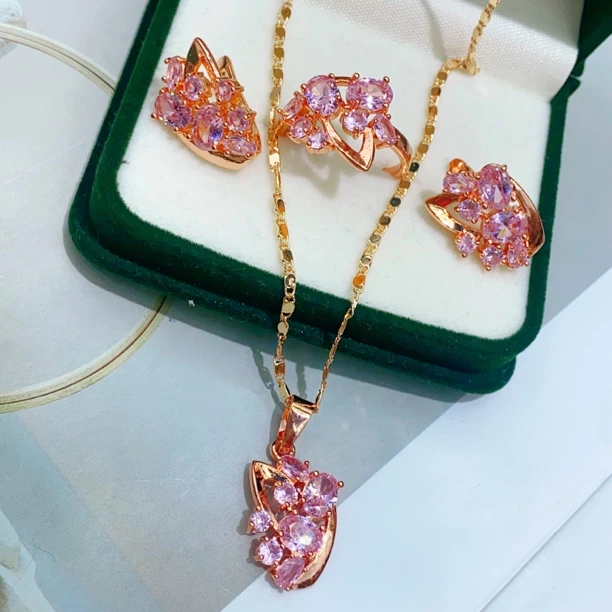 合金玻璃耳饰 粉色三件套饰品轻奢粉丝福利耳环吊坠