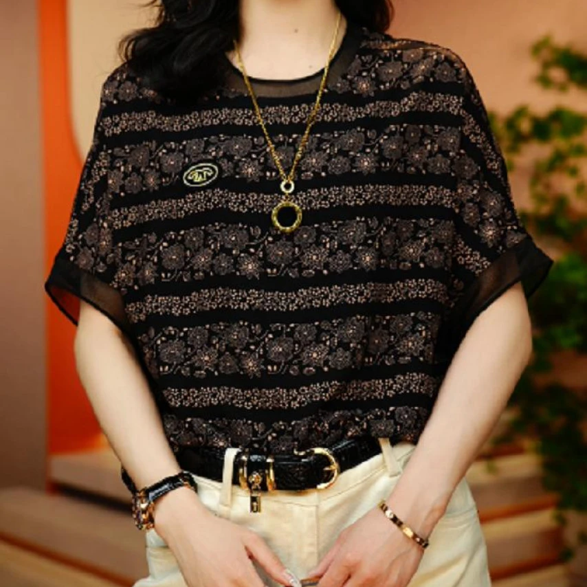 1金卉锦花-夏季新款高级感洋气时尚百搭显瘦短袖圆领上衣