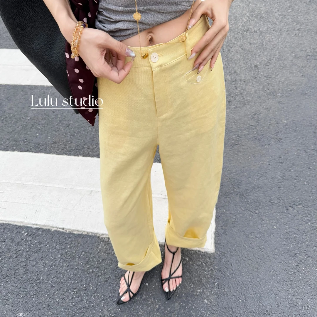 Lucky Unique三角倒标亚麻天丝垂感舒适多色休闲长裤 SSK10839