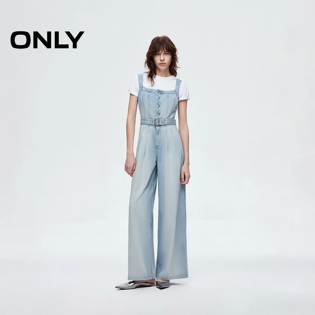 ONLY秋季做旧水洗宽松阔腿裤长裤背带牛仔裤女休闲百搭|125164004