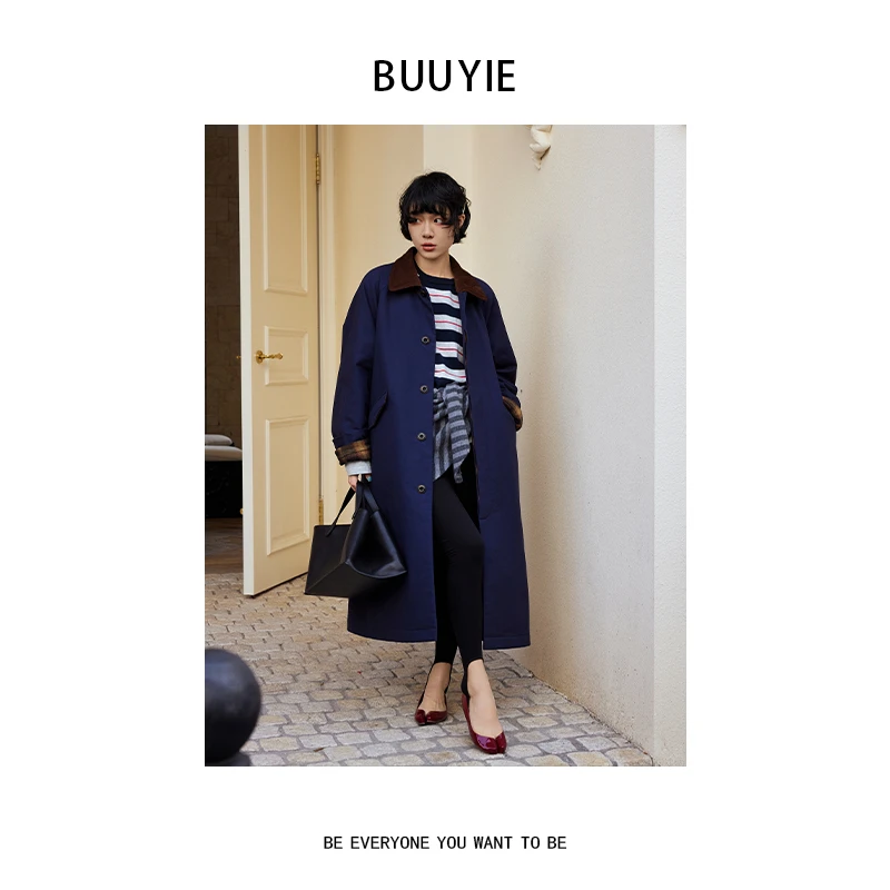 BUUYIE 25SS【禾妄】极简风复古翻领长款大衣外套250946