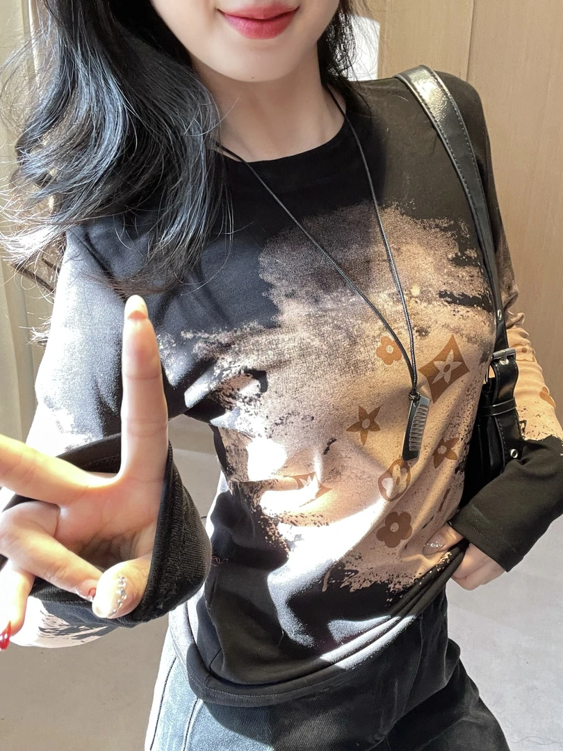 歌幂时尚内搭新款印花ins长袖T恤百搭洋气女遮肉显夏季打底衫圆领