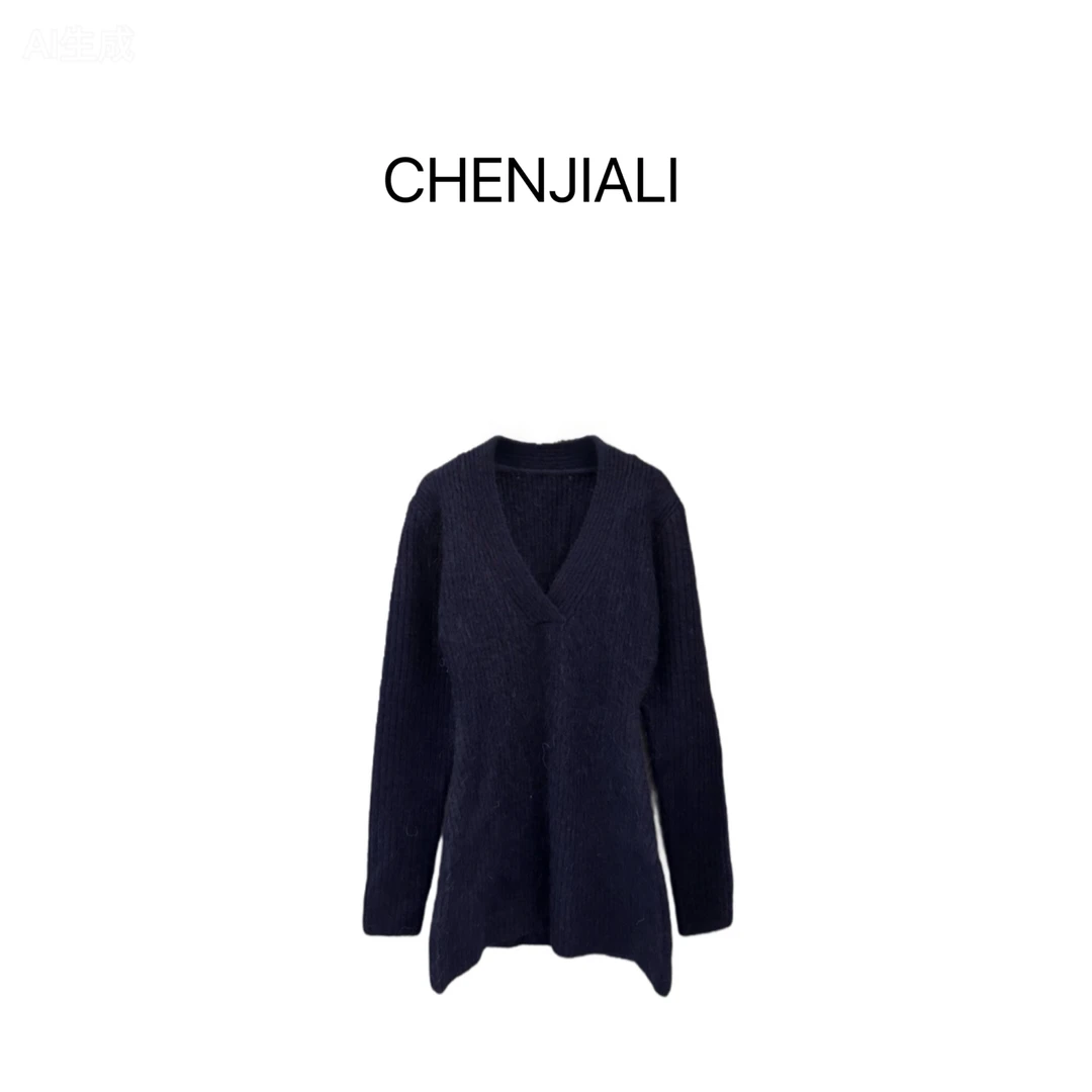 CHENJIALI 【雾蓝织暖】V领长袖针织连衣裙坑条显瘦修身套头毛衣