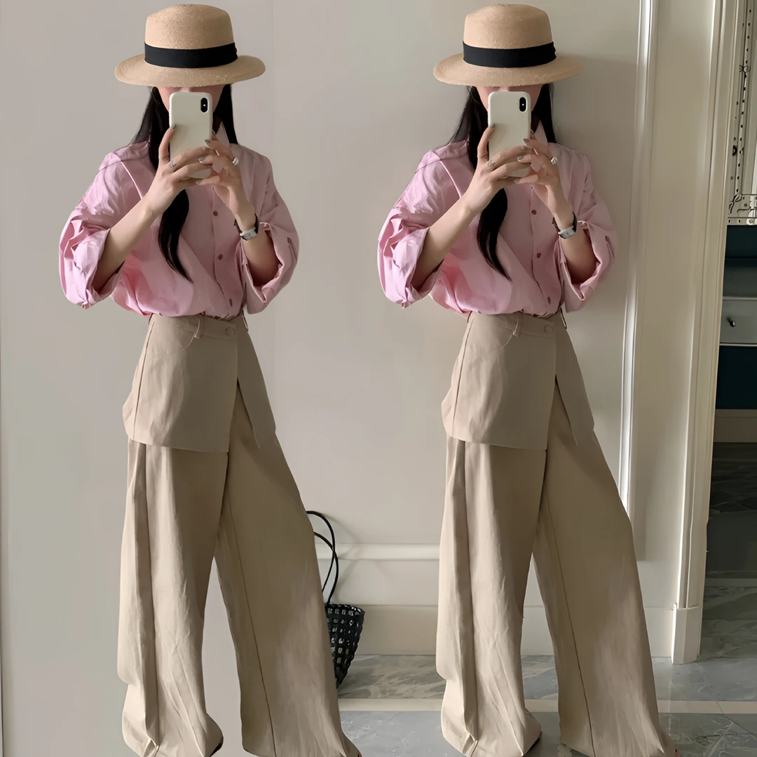 2025秋季新款粉色衬衫上衣搭卡其阔腿裤套装显瘦时尚简约秋装