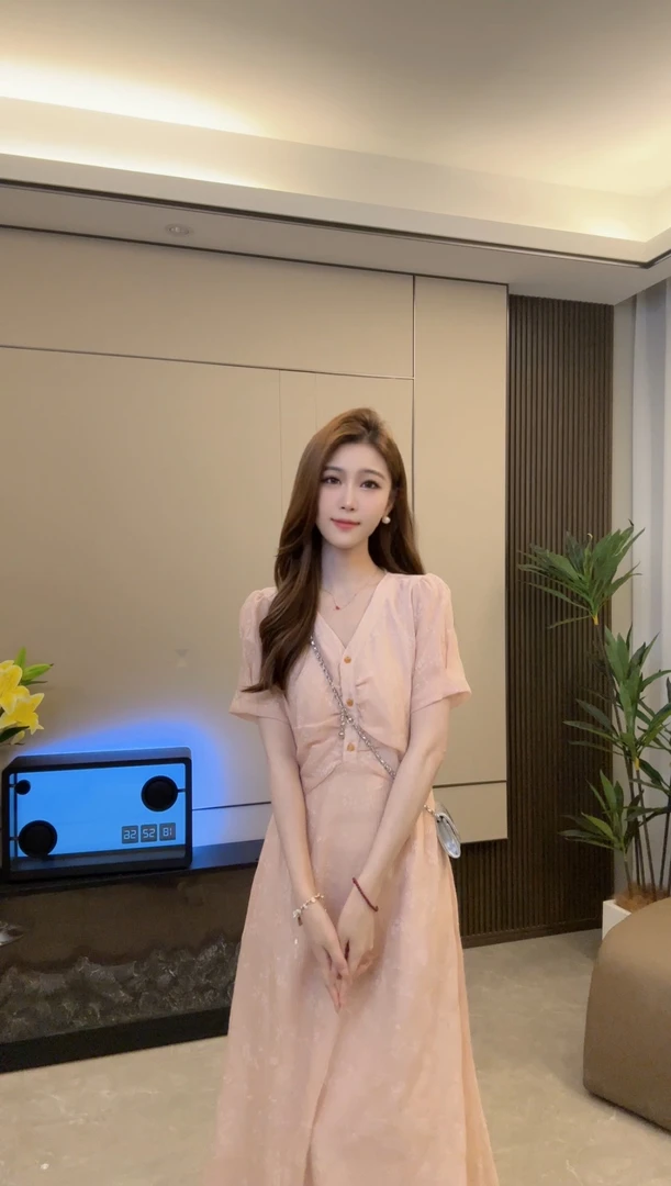 2025夏女新法式粉色印花收腰连衣裙TY6816