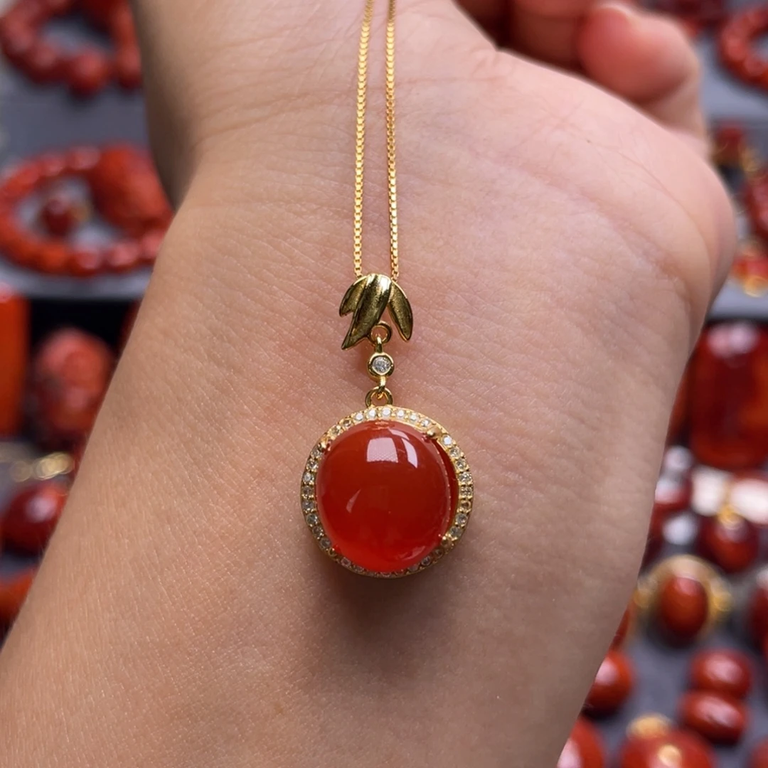 津***旭南红玛瑙银S925镶嵌珠宝奇石吊坠送银项链