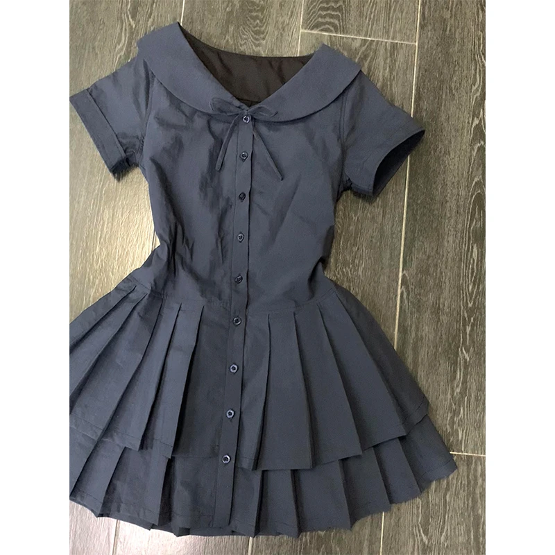 学院风减龄少女感连衣裙2025夏季新款娃娃领蝴蝶结百褶短款裙子
