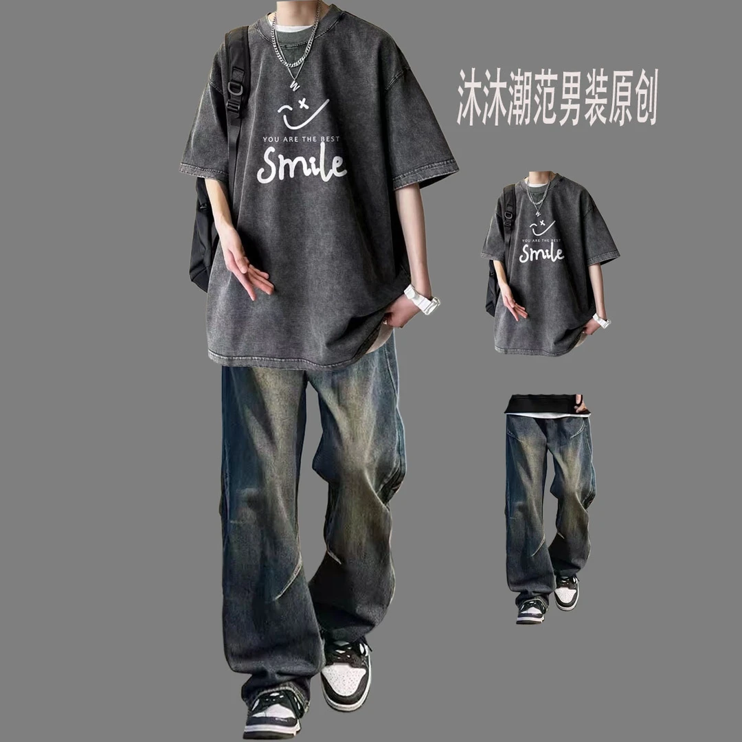 夏天套装男生美式复古水洗短袖t恤青少年一套衣服痞帅搭配牛仔裤