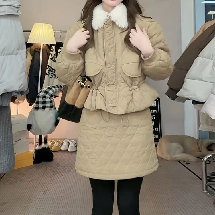 毛领短款棉服收腰外套半身裙装冬季新款显瘦休闲