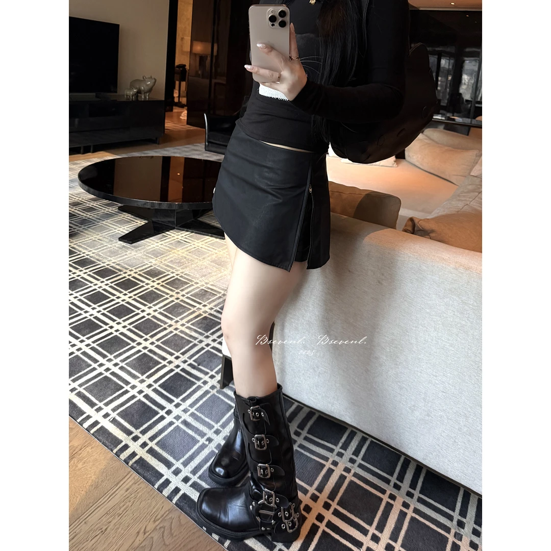 黑泽玄七“神版括号裙”秋冬微胖显瘦撕漫感超短百搭含裤里小皮裙女