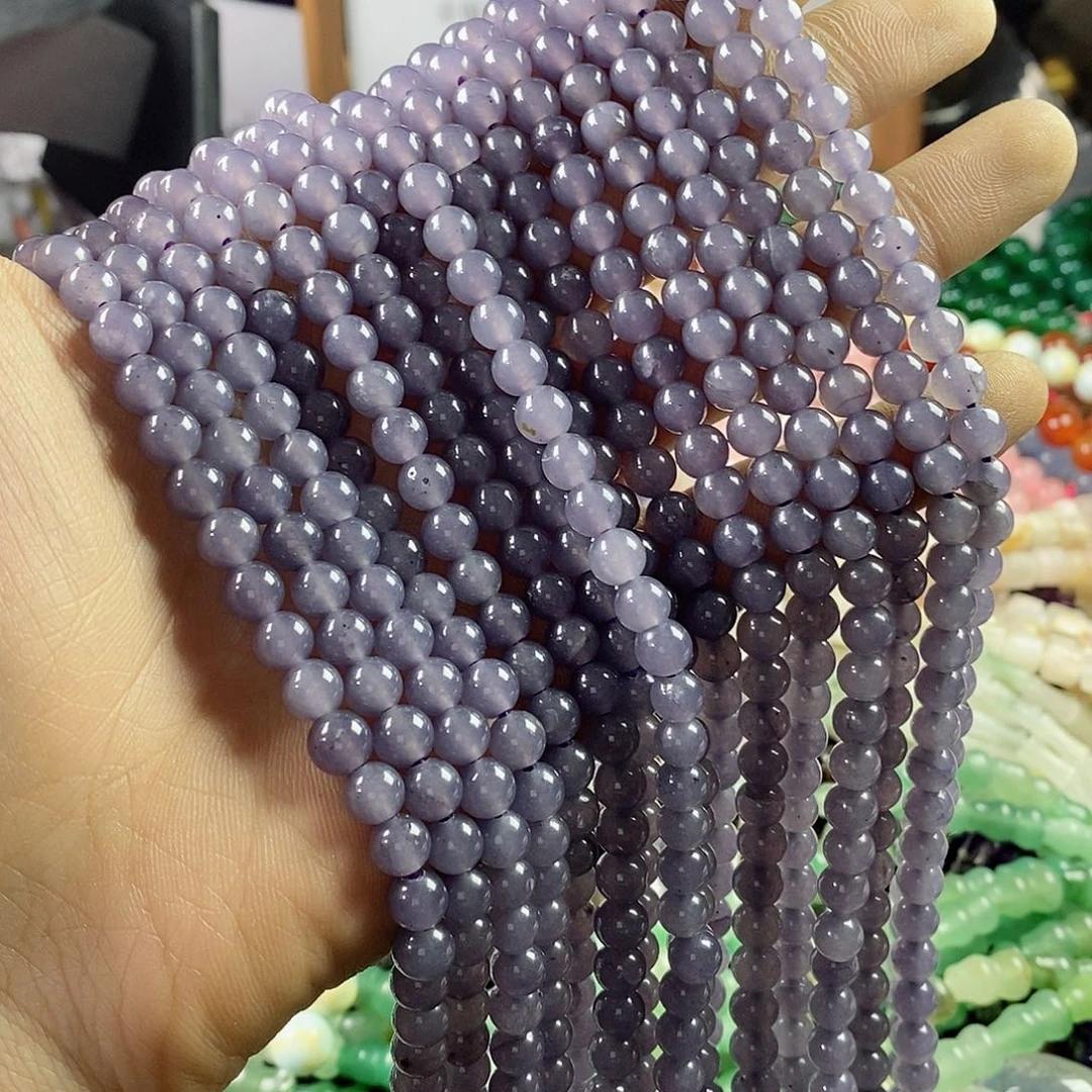 玛瑙/玉髓珠宝半成品合金一条天然6mm烟紫玉髓圆珠A425